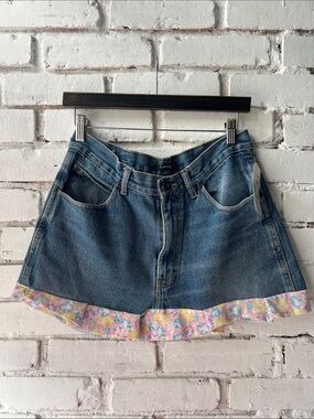 Denim Skirt with Floral Hem Upcycled one of a kind yellow pink and blue ruffle